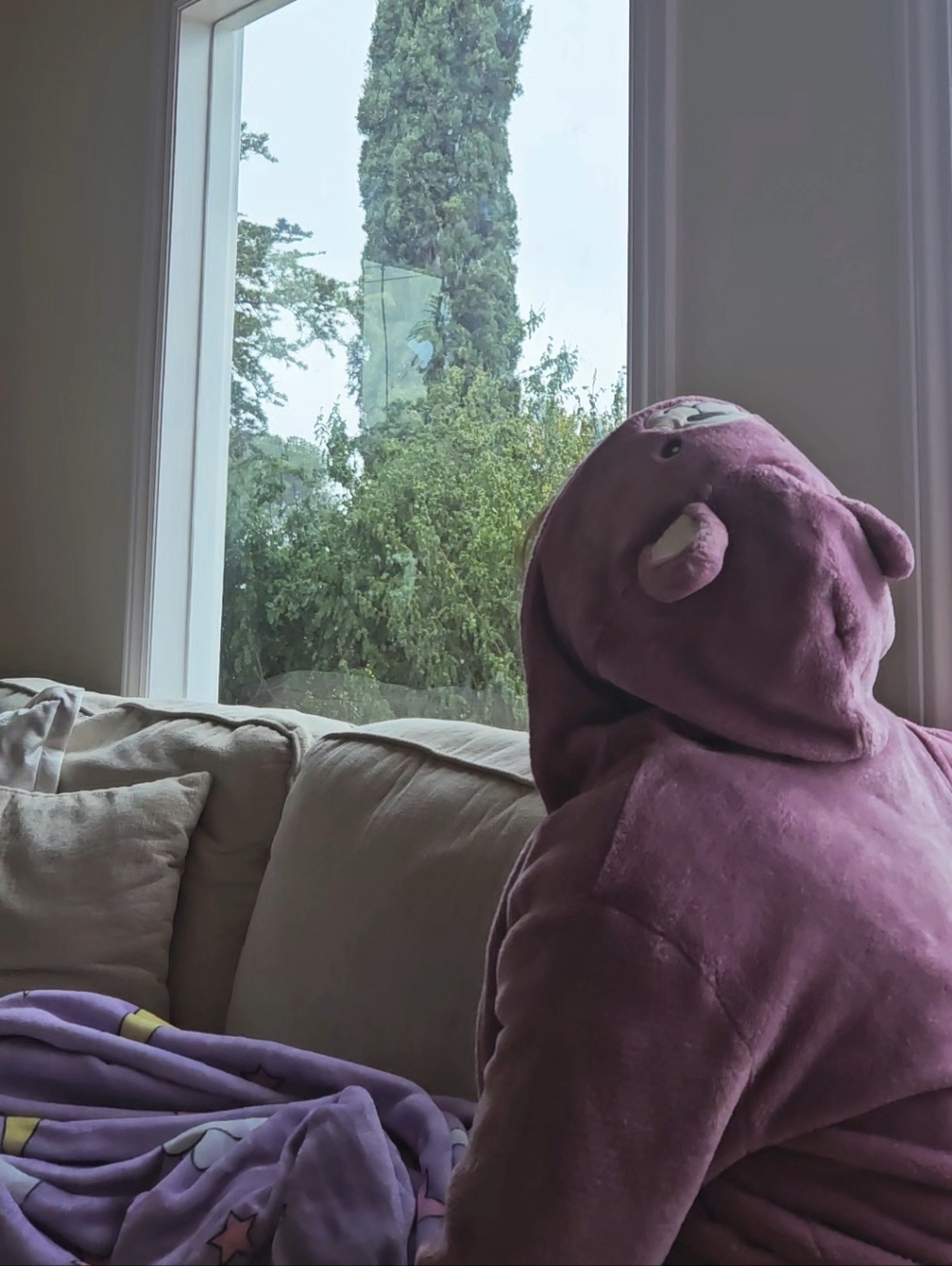 L.L. Bean Kids Bear Plush Hooded Robe in Mauve with Navy Trim